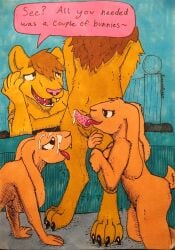 absurd_res animal_genitalia animal_penis anthro bedroom bodily_fluids cum dialogue erection eunuch felid feline_genitalia feline_penis female fur genital_fluids genitals group hi_res lagomorph leporid licking lion male male/female mammal nude oral pantherine penile penis penis_lick rabbit runningrabbit sex simple_background tongue traditional_media_(artwork)