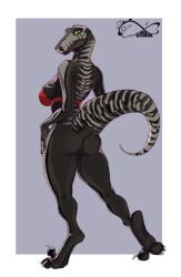 2025 anthro anus ass biped border bottomless bottomless_anthro bottomless_female bra bra_only breasts claws clothed clothed_anthro clothed_female clothing digital_media_(artwork) feet female finger_claws fingers green_eyes green_sclera grey_body grey_tail hi_res katfishcom looking_at_viewer looking_back looking_back_at_viewer markings partially_clothed partially_clothed_anthro partially_clothed_female rear_view scalie simple_background solo standing striped_markings striped_tail stripes tail tail_markings toe_claws toes underwear underwear_only white_border