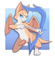 2025 aiming_weapon anthro archery ball_tuft balls bat blue_eyes bow_(weapon) crotch_tuft dust:_an_elysian_tail elemental_manipulation genitals hi_res kerilyn leg_markings magic_weapon male mammal markings nimbat penile_spines penis ranged_weapon shooting socks_(marking) solo tail tuft water_manipulation weapon wings