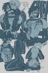 aoba_seragaki asarigg blood blush buttplug catboy cuntboy dramatical_murder erection gag gay knife koujaku latex latex_clothing latex_suit monochrome pubes pubic_hair tagme tattoo tears yaoi