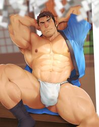 1boy abs armpit_hair armpits arms_up balls_under_clothes bara beard_stubble beefy biceps big_areola big_bulge big_pecs blurry_background blurry_foreground brown_eyes brown_hair bulge bulge_through_clothing daddy depth_of_field dilf frown fundoshi gay genital_outline hands_behind_head happi_(clothing) happy_trail hi_res hunk inviting japanese_clothes japanese_house leaning_back leg_hair male male_only manly mature_male mizuki_gai muscles muscular muscular_arms muscular_legs muscular_male muscular_thighs navel open_clothes oppai original original_character outdoors pecs pillar pubic_hair quadriceps rokushaku_fundoshi rycanthropy shide shoes short_hair sitting six_pack sliding_doors smile solo spread_legs sweat sweatdrop sweating sweaty tabi_socks thick thick_arms thick_eyebrows thick_neck thick_thighs topless tough_guy translucent_clothing triceps welcoming white_fundoshi wooden_floor yaoi