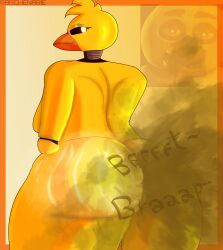 absurd_res animatronic anthro archenarie ass avian big_butt bird bodily_fluids chica chicken fart fart_fetish female five_nights_at_freddy's galliform gallus_(genus) gas gassy hi_res machine nude phasianid robot scottgames solo sweat toy_chica