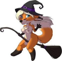 2017 blue_eyes breasts broom canine champagne_(jeremy_bernal) chibi female fox gloves_(marking) halloween hat holidays looking_at_viewer magic_user mammal markings nipples nude pussy pussy_juice sinasni_(artist) smile socks_(marking) solo witch