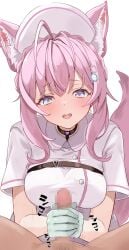 1boy absurdres animal_ears antenna_hair belt black_belt black_choker blue_eyes blush braid breasts censored chest_belt choker collared_dress commentary crown_braid dress female gloved_handjob gloves green_gloves hair_ornament hakui_koyori handjob hat heart heart_choker highres hololive large_breasts long_hair looking_at_viewer mosaic_censoring multicolored_eyes nurse nurse_cap oerba_yun_fang open_mouth penis pink_hair pink_lips purple_eyes short_sleeves simple_background smile solo_focus tail tonton_utaro translation_request two-tone_eyes virtual_youtuber white_background white_dress white_hat wolf_ears wolf_girl wolf_tail
