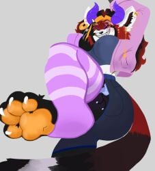 ailurid anthro ass big_butt bottomwear breasts claws clothing crazy_eyes cropped_jacket demon digital_media_(artwork) dragon ear_chain ear_piercing ear_ring evil_face evil_grin evil_look eyebrows eyelashes fangs feet female foot_fetish foot_play fur fur_markings hair hindpaw horn hotpants inner_ear_fluff insane jewelry legwear looking_at_another lucy_(og_scorpio) madameeclipse mammal markings markings_on_eyeball mythological_creature mythological_scalie mythology pawpads paws piercing red_panda ring_piercing scalie sex shorts smile solo step_position stepped_on tail tail_markings teeth teeth_showing thick_thighs thigh_highs toe_claws toes tuft
