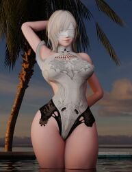 3d blender clothed cpt-flapjack in_water keyd10iori lieutenant_flapjack medium_breasts nier_reincarnation thick thick_thighs thighs voluptuous_female white_hair yorha_10h