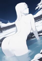 1other ai_generated androgynous arm_support ass bent_over blue_eyes closed_mouth completely_nude convenient_censoring dutch_angle from_behind long_hair looking_back night_sky noctai onsen outdoors snow star_(sky) starry_sky steam steam_censor tree wading water white_hair white_skin winter
