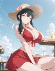 1girls ai_generated big_breasts bikini black_hair breasts closed_eyes female navel smile spy_x_family swimsuit yor_briar yor_forger