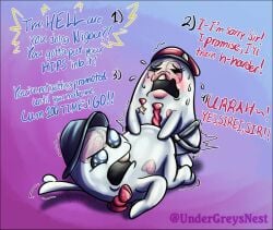 bed_sheet beret braid closed_eyes dildo english_text gradient_background hat heart mascot necktie nigou_(hundred_line) open_mouth purple_background sex sex_from_behind sirei_(hundred_line) star_(symbol) strap-on sweat teeth the_hundred_line_-last_defense_academy- upper_teeth_only