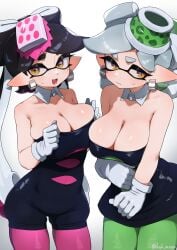 +_+ 2girls bangs bare_shoulders black_dress black_hair blush breast-to-breast breasts callie_(splatoon) cleavage closed_mouth clothing cousins detached_collar dress duo earrings female food food_on_head gloves green_pantyhose grey_hair headwear hizake inkling jewelry large_breasts legwear long_hair looking_at_viewer marie_(splatoon) mole mole_under_eye multiple_girls object_on_head open_mouth pantyhose pointy_ears short_hair smile splatoon splatoon_(series) squid_sisters strapless strapless_dress sweatdrop tentacle_hair white_gloves white_handwear yellow_eyes
