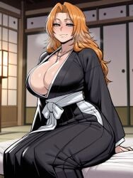 ai_generated astralgazer between_breasts bleach cleavage huge_breasts inner_sideboob japanese_clothes kimono large_breasts lips long_hair long_sleeves looking_at_viewer matsumoto_rangiku mole mole_under_mouth necklace necklace_between_breasts orange_hair overflowing_breasts seductive seductive_look seductive_smile sitting sitting_on_bed steaming_body sweat sweatdrop sweaty_breasts