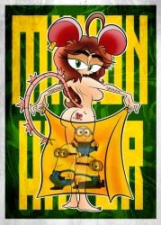 bob_(minions) brown_hair cukizilla cukizilla_(pd) cukizilla_(ratona) despicable_me english_text green_background illumination_entertainment kevin_(minions) looking_at_viewer minion minions_(film) perfectos_desconocidos pinup rat_ears rat_tail see-through_towel stuart_(minions) tattoed_girl teasing towel universal_pictures universal_studios white_border yellow_text zarnacius