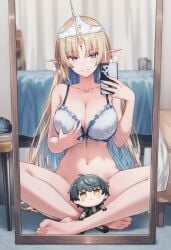 ai_generated bedroom_background big_breasts bottomless bra elf_ears elf_female fleurdelys_(wuthering_waves) male male_rover_(wuthering_waves) mirror_reflection mirror_selfie panties_on_head phone_camera plushie raaicave rover_(wuthering_waves) sitting_on_floor smiling wuthering_waves