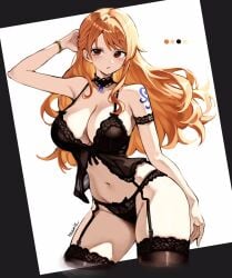 1girls artist_signature big_breasts black_lingerie busty curvy kasumi6 kasumi6_ light-skinned_female light_skin lingerie nami_(one_piece) one_piece orange_hair tattoo