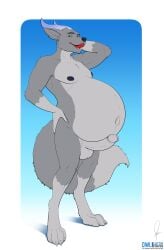 absurd_res anthro balls belly big_belly big_penis biped canid canine claws countershade_fur countershade_torso countershading digitigrade dipstick_tail english_text erection fingers fur genitals glans grey_body grey_fur hi_res horn huge_belly humanoid_genitalia humanoid_penis male mammal markings navel owligatorstudios paws penis pregnant pregnant_anthro pregnant_male solo tail tail_markings text wolf-dragon-art