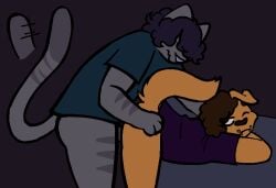 ambiguous_gender anthro bored bored_sex canid canine canis domestic_cat domestic_dog duo felid feline felis hi_res humanoid male male/male mammal urfavvpuppy