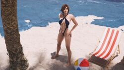 1girls 3d alluring athletic barefoot blender brown_eyes brown_hair cleavage clothing forsavide kazama_asuka large_breasts looking_at_viewer namco short_hair swimsuit tekken tekken_8 toes wet