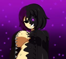 1girls black_eyes black_hair breasts breasts_out dark_zixy dripping eyelashes female female_focus female_only gjoodt glowing_eyes jacket jacket_only jacket_open oozing purple_eyes purple_hair rule_63 slime slime_girl smirk transforming