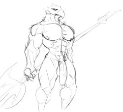 accipitrid accipitriform avian balls big_balls big_penis bird eagle elden_ring elden_ring_nightreign fluffy fluffy_chest fromsoftware genitals guardian_(elden_ring) guardian_(nightreign) hi_res humanoid humanoid_genitalia humanoid_penis loyals2 male muscular muscular_male nipples penis solo weapon