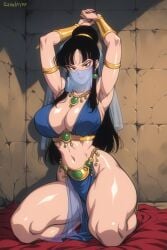 ai_generated armpits arms_above_head arms_behind_head arms_up black_eyes black_hair chichi dragon_ball dragon_ball_z earrings female female_focus harem_outfit jewelry kneeling looking_at_viewer solo solo_female solo_focus thick_thighs veil zerolayer