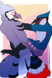 2017 abstract_background adeon_mäkinen anal anal_sex anthro anthro_on_anthro ass avian beak bird black_beak black_feathers black_stripes blue_feathers blue_jay blue_penis blush border butt_grab chris_(seif) claws corvid cum cum_in_ass cum_inside cum_while_penetrated cumshot digital_media_(artwork) duo ejaculation erection feathers glans grey_beak grey_tongue half-closed_eyes hand_on_butt hi_res humanoid_penis looking_at_another looking_at_partner looking_down looking_pleasured male male_only male_penetrating multicolored_tail nitrods nude open_mouth open_smile orgasm penetration penis pink_penis red_feathers red_tongue sex shoulder_grab side_view smaller_version_at_source smile stand_and_carry_position standing stripes tail_feathers talons white_border white_feathers yaoi