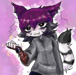 abstract_background alternative_fashion anthro black_hair blood blush bodily_fluids breasts clothing domestic_cat ear_piercing ear_ring emo eye_bags eyebrows felid feline felis female gore gorebunny hair hi_res hoodie looking_pleasured mammal masochism multicolored_hair piercing purple_hair raised_inner_eyebrows ring_piercing scar self-harm self-harm_scars self_harm self_harm_scars selfharm selfharm_scars signature small_breasts solo sweat tail topwear veronica_(e254e) wavy_mouth wounded