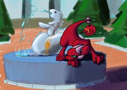 bodily_fluids city claws dragon eyelashes female feral fountain genital_fluids hi_res horn mythological_creature mythological_scalie mythology park peeing plant public_urination scalie smile smirk solo_focus splash splashing_water tail tree truewerte_(artist) urine urine_stream watersports