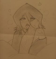 1boy 1girls ahe_gao ass ass_up big_penis black_hair bleach bleach:_the_thousand-year_blood_war blowjob blowjob_face clothes_down cum cum_drip drawing drool_string drooling drooling_on_penis drooling_tongue female female_focus heart heart_symbol hearts_around_head hot_dogging hot_spring ichigo_kurosaki kuchiki_rukia male monochrome open_mouth penis short_hair shorter_female shoulders sketch straight sweat sweatdrop traditional_art traditional_media traditional_media_(artwork) vein veins veiny_penis