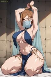 ai_generated armpits arms_above_head arms_behind_head arms_up brown_eyes female female_focus harem_outfit jewelry jujutsu_kaisen kneeling kugisaki_nobara looking_at_viewer orange_hair solo solo_female solo_focus thick_thighs veil zerolayer