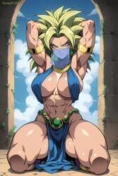 ai_generated armpits arms_above_head arms_behind_head arms_up athletic athletic_female cyan_eyes dragon_ball dragon_ball_super earrings female female_focus fit fit_female green_hair harem_outfit jewelry kefla kneeling legs_apart legs_spread looking_at_viewer muscular muscular_female solo solo_female solo_focus spiky_hair spreading_legs thick_thighs veil zerolayer