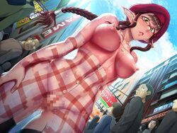 body_paint body_painting elf_ears exhibitionism female glasses mellod_croix_(taimanin_asagi) painted_clothes plaid