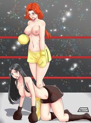 2girls anastasia_cisarovna angelox27 baroness_(g.i._joe) black_eyes black_hair blue_eyes boxing boxing_gloves boxing_ring breasts brown_boxing_gloves brown_gloves brown_shoes brown_shorts bruised_eye female female_only g.i._joe ginger_hair gloves light-skinned_female light_skin long_hair multiple_girls nipples nude scarlett_(g.i._joe) shana_o'hara topless_boxing yellow_boxing_gloves yellow_gloves yellow_shoes yellow_shorts