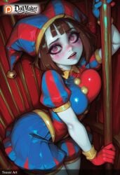 ai_generated artist_name bangs blush breasts brown_hair dollmaker dollmaker_(artist) female gloves hat heart heart-shaped_pupils medium_breasts patreon_username red_eyes red_gloves short_hair smile solo symbol-shaped_pupils tagme watermark web_address