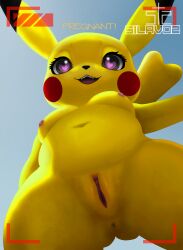 anthro anus breasts brown_eyes clitoris female generation_1_pokemon genitals heart_eyes heart_symbol hi_res looking_at_viewer looking_down low-angle_view mammal navel nintendo nippel open_mouth pikachu pokemon pokemon_(species) pregnant pregnant_female pussy recording rodent silavos sky smile solo spread_pussy spreading teeth text watermark yellow_body