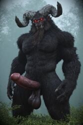 3d ai_generated bearded black_fur creature fantasy forest furry_body gay glowing_eyes goatee handsome hard_cock large monstrous muscular_build old_male, penis red_eyes saggy_balls sharp_fangs sharp_horns solo strongfat