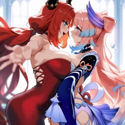 2girls ai ai_generated bare_shoulders blue_eyes blue_ribbon blurry blurry_background blurry_foreground blush breasts choker curvy depth_of_field dress face-to-face female fourina genshin_impact hair_ribbon large_breasts long_hair looking_at_another nilou_(genshin_impact) open_mouth red_dress red_hair ribbon sangonomiya_kokomi smile strapless tagme twintails very_long_hair yuri