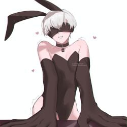 1boy blindfold blush bunny_ears bunnysuit clothing femboy heart light-skinned_male light_skin looking_at_viewer male male_only nier nier:_automata short_hair torikomarise trap white_background white_hair yorha_9s