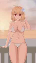 1girls ahoge arcueid_brunestud bikini breasts female flower_in_hair hair_ornament hand_behind_head large_breasts looking_at_viewer melty_blood meph1l red_eyes short_hair smile solo swimsuit thick_thighs thighs tsukihime white_swimsuit wide_hips wip