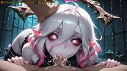 2025 ai ai_assisted ai_generated anime anime_style artist_name barefoot blowjob breasts briar_(league_of_legends) cum cum_in_mouth dreamyan_ai eye_contact fellatio hi_res high_quality high_resolution highres league_of_legends looking_at_viewer oral oral_sex pale_skin patreon pink_hair pointy_ears sharp_teeth sucking sucking_penis thick_ass thick_thighs thighs uncensored white_body white_eyes white_hair white_skin
