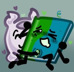 2girls :) :3 :o battle_for_dream_island bfdi blush book_(bfdi) color colored drooling fingering heart heart-shaped_pupils object_shows one_eye_closed pillow_(bfdi) snowbunniz sweat vaginal_fluids watermark yuri