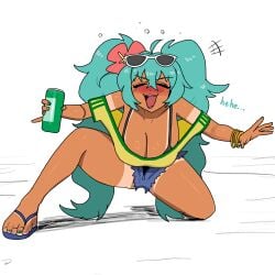 1girl alternately_painted_toenails aqua_hair big_breasts blush bra bracelet brazilian_female brazilian_miku breasts brown-skinned_female brown_skin cleavage clothed dark-skinned_female dark_skin drunk female flip_flops flower flower_in_hair hanging_breasts hatsune_miku huge_breasts jewelry latin_american_hatsune_miku_(meme) latina long_hair nail_polish on_one_knee ongari open_mouth revealing_clothes sandals shirt short_shorts shorts simple_background smile solo sunglasses sunglasses_on_head tanlines tanned-skinned_female tanned_skin thick_thighs twintails vocaloid white_background yellow_shirt