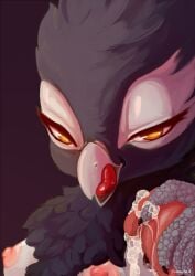 2014 avian bird black_feathers breasts cum female female_focus friendship_is_magic genevieve_(mlp) gryphon handjob hasbro licking_lips male my_little_pony nipples penis purochen purple_background tongue tongue_out yellow_eyes