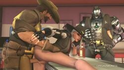 1boy 1girls 3d animated ashe_(overwatch) ass balls bent_over bob_(overwatch) bowler_hat cole_cassidy cowboy_hat creampie cum cum_in_pussy cum_inside duo female living_machine male mole_above_mouth no_sound omnic orgazmonite overwatch penetration penis pussy red_eyes robot route_66_(map) sex source_filmmaker straight vaginal_penetration video white_hair