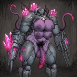 ai_assisted ai_generated arm_cannon body_horror corruption eldritch_abomination greyscaler huge_breasts huge_weapon lust_eater massive_balls massive_penis monster_cock monster_girl multi_breast power_armor tentacle weapon world_of_lust:_the_spire
