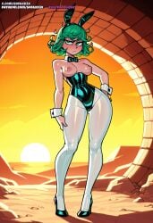 ai_generated alternate_costume animal_ears bare_shoulders black_leotard blush bow bowtie breasts breasts_out covered_navel curly_hair detached_collar fake_animal_ears female flipped_hair full_body green_eyes green_hair hand_on_hip high_heels highleg highleg_leotard leotard looking_at_viewer medium_breasts narrow_waist nipples one-punch_man one_punch_man pantyhose playboy_bunny rabbit_ears short_hair sofaxd3x solo standing strapless strapless_leotard sun sunset tatsumaki thick_thighs thighs traditional_bowtie white_pantyhose wide_hips wrist_cuffs