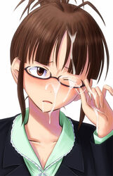 akizuki_ritsuko antenna_hair bangs black-framed_eyewear blush bonnie_(rsg) brown_eyes brown_hair cum cum_in_hands cum_on_glasses cum_on_hair facial female folded_ponytail formal glasses idolmaster idolmaster_(classic) nose_blush one_eye_closed parted_lips sidelocks solo suit under-rim_eyewear upper_body white_background wince