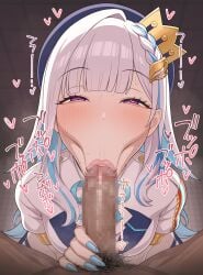 1boy :>= absurdres blue_hair blue_nails blunt_bangs braid breasts censored colored_inner_hair dark_skin erection female hair_ornament hat heart highres jacket lize_helesta long_hair looking_at_viewer male_pubic_hair mosaic_censoring multicolored_hair nail_polish nijisanji oral penis pov pubic_hair purple_eyes solo_focus straight stray_pubic_hair streaked_hair sweat takano_suzu white_hair