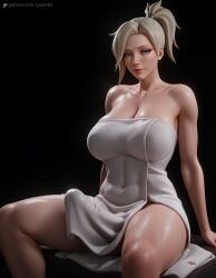 1girls 3d ai_generated black_background blonde_hair blue_eyes breasts bulge chubby cleavage collarbone covered_navel covered_penis erection erection_under_clothes female futanari hi_res high_ponytail highres large_breasts large_penis lips looking_at_viewer lyxen3d mature mature_female mercy naked_towel nose overwatch penis ponytail sitting solo towel