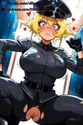 ai ai_assisted ai_generated anime artist_name belt black_gloves black_pants blonde_hair blue_eyes blush breasts dibzprintz fansly female gloves hair_between_eyes hat heart hi_res high_quality high_resolution highres indoors large_breasts locker looking_at_viewer military_uniform no_panties pants peaked_cap pussy pussy_juice short_hair solo spread_legs squatting sweat tanya_degurechaff torn_clothes torn_pants uncensored uniform watermark youjo_senki
