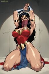 ai_generated armpits arms_above_head arms_behind_head arms_up athletic athletic_female black_eyes black_hair dc dc_comics dceu female female_focus fit fit_female harem_outfit jewelry justice_league kneeling looking_at_viewer muscular muscular_female solo solo_female solo_focus thick_thighs tiara veil wonder_woman wonder_woman_(series) zerolayer